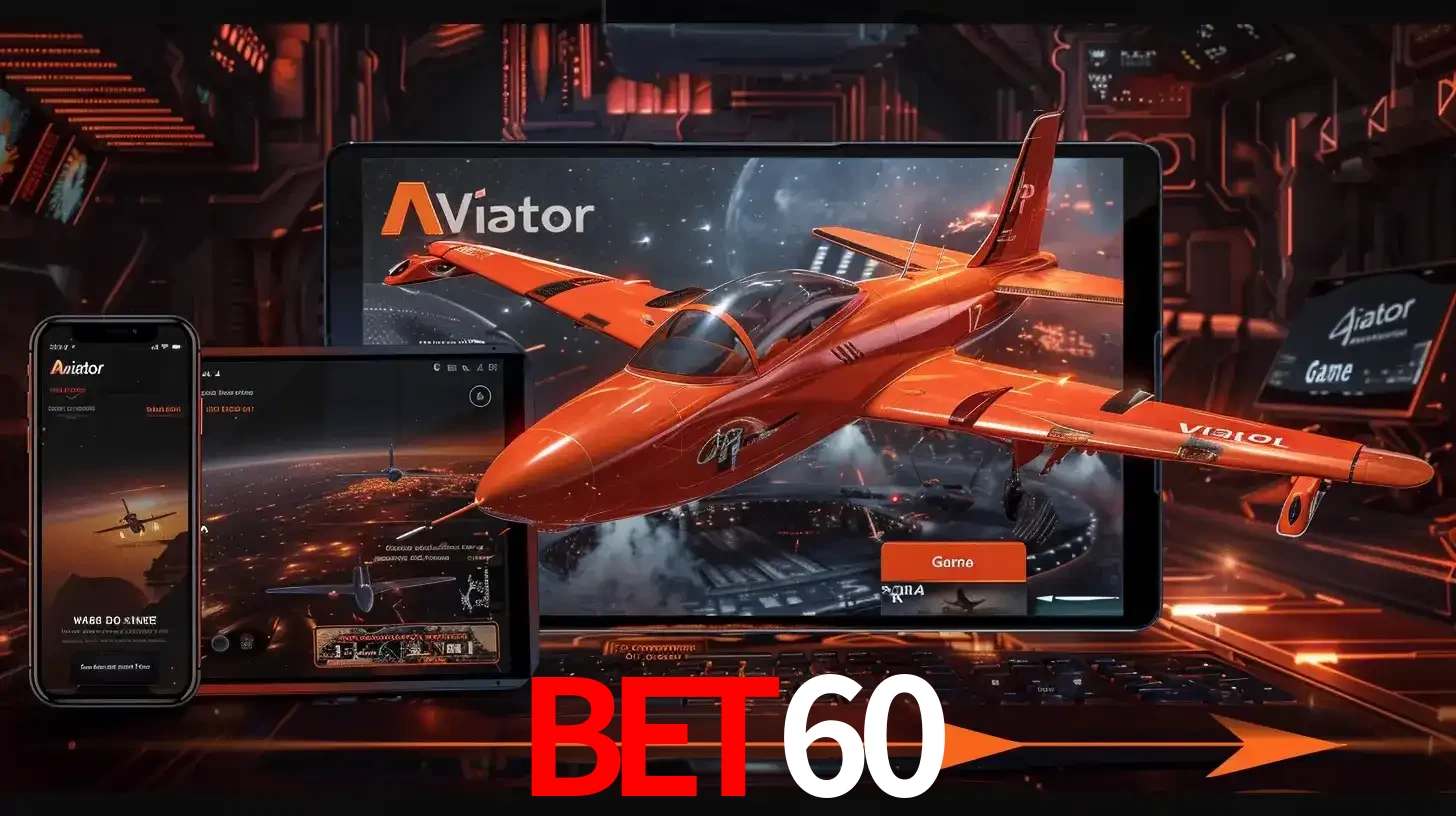 Apresentação tecnológica do jogo Aviator com um avião saindo da tela de um tablet, demonstrando a experiência imersiva em múltiplos dispositivos no BET60.