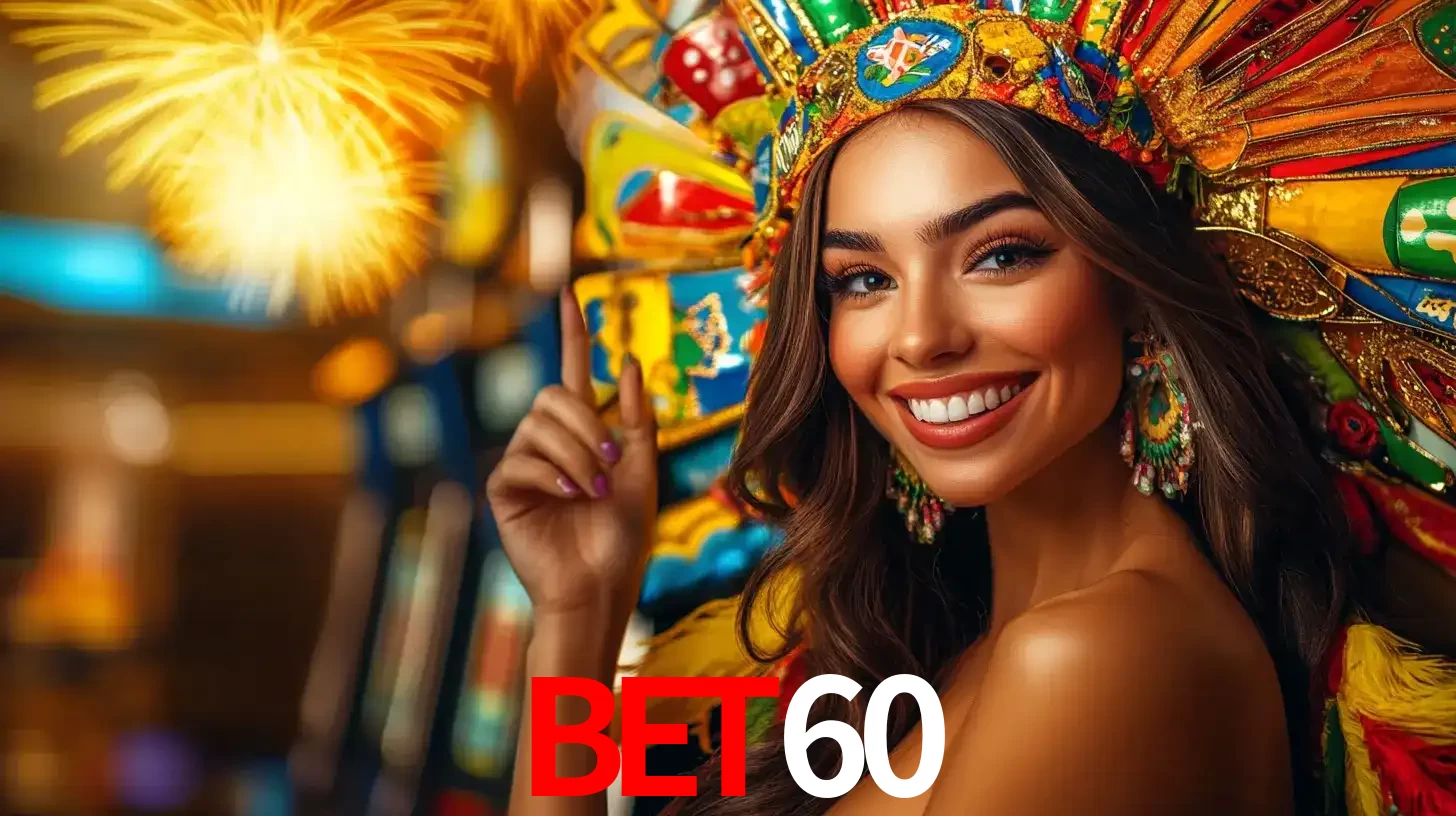 Mulher sorridente com um cocar de carnaval vibrante e colorido, celebrando uma grande vitória nos jogos do cassino BET60 com fogos de artifício ao fundo.