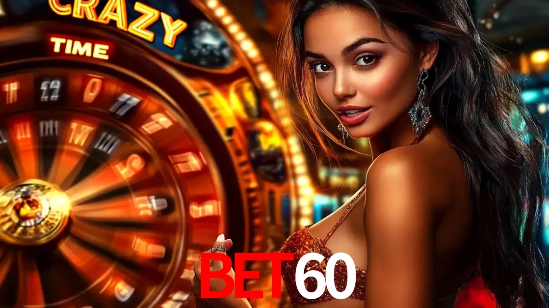 Mulher ao lado da roda de prêmios do jogo de cassino ao vivo Crazy Time, um dos shows de jogos mais emocionantes oferecidos pela plataforma de apostas BET60.