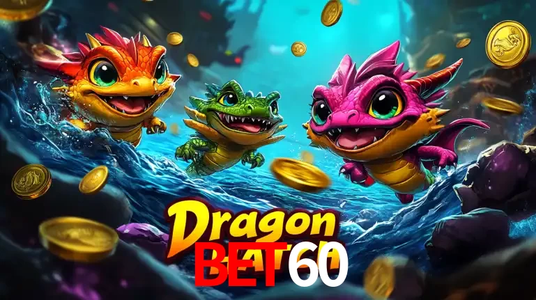Arte promocional do jogo Dragon Hatch com três adoráveis dragões bebês nadando entre moedas de ouro, um dos slots mais divertidos para jogar no cassino BET60.