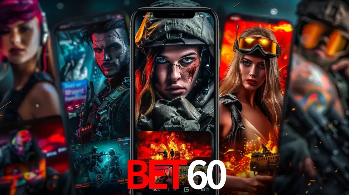 Montagem de telas de celular mostrando diversos personagens, masculinos e femininos, de um jogo de tiro, ilustrando a diversidade de equipes de e-sports para apostar no BET60.