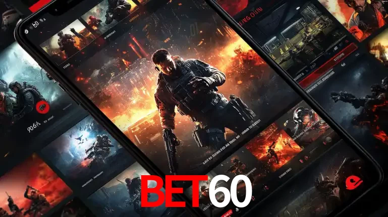 Tela de um celular exibindo uma galeria de jogos de tiro com temática militar, mostrando a variedade de e-sports disponíveis para apostas na plataforma de entretenimento BET60.