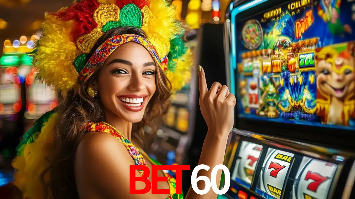 Mulher animada com um cocar de carnaval apontando para uma máquina de caça-níqueis, mostrando a emoção de ganhar um grande prêmio nos jogos do BET60.