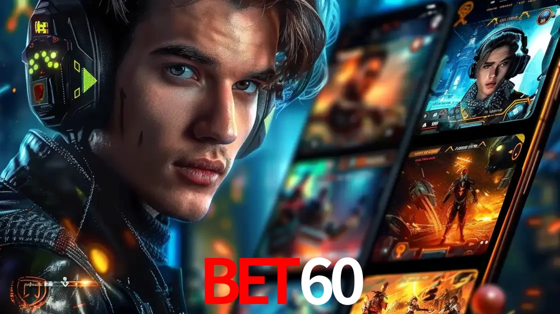 Jovem jogador com fones de ouvido olhando para a câmera, com um aplicativo de jogos e e-sports para celular ao fundo, pronto para a competição e apostas no BET60.