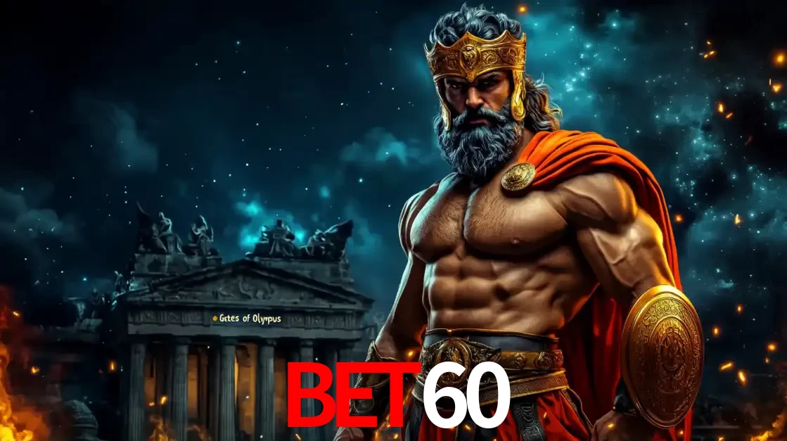 O poderoso Zeus do jogo de slot Gates of Olympus em frente ao seu templo, pronto para lançar multiplicadores divinos e prêmios épicos no cassino online BET60.
