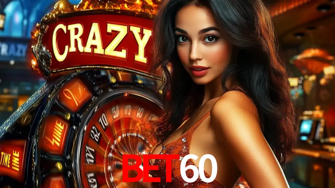 Mulher glamourosa olhando para a câmera com a roda vermelha do Crazy Time ao fundo em um ambiente de cassino, destacando a emoção dos jogos ao vivo no BET60.