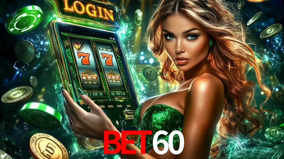 Mulher com tema verde apresentando o aplicativo do cassino BET60 com um jogo de slot de 777, cercada por fichas de cassino e uma aura de sorte.