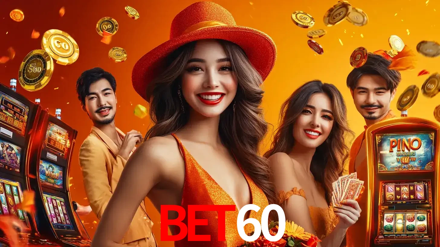 Grupo de amigos asiáticos sorrindo e se divertindo com máquinas de caça-níqueis em um ambiente festivo, celebrando suas vitórias nos jogos de cassino do BET60.