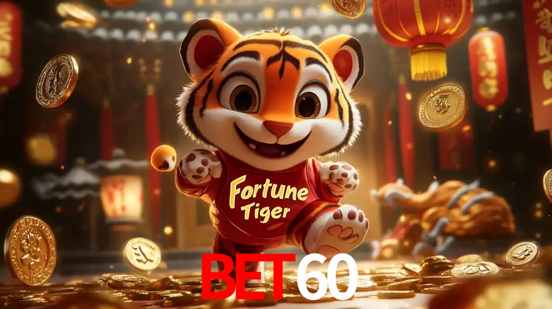 O alegre personagem do Fortune Tiger correndo sobre um caminho de moedas de ouro, simbolizando os grandes prêmios e a diversão do popular jogo de slot do BET60.
