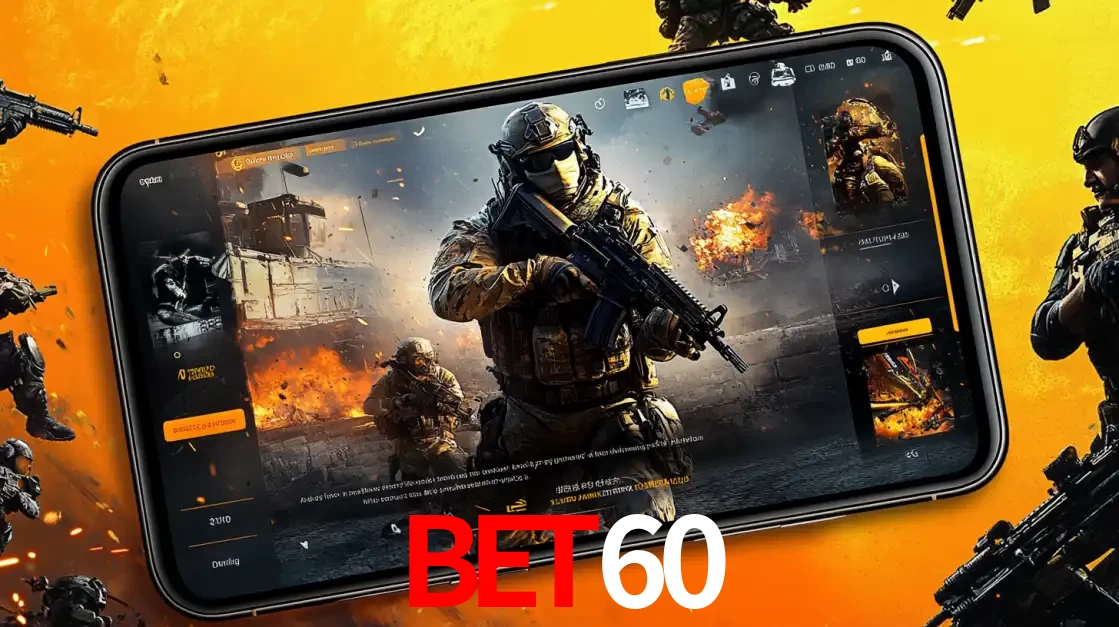 Um smartphone exibindo a interface de um jogo de tiro em primeira pessoa, com um soldado em um cenário de batalha, representando a ação dos e-sports para apostar no BET60.