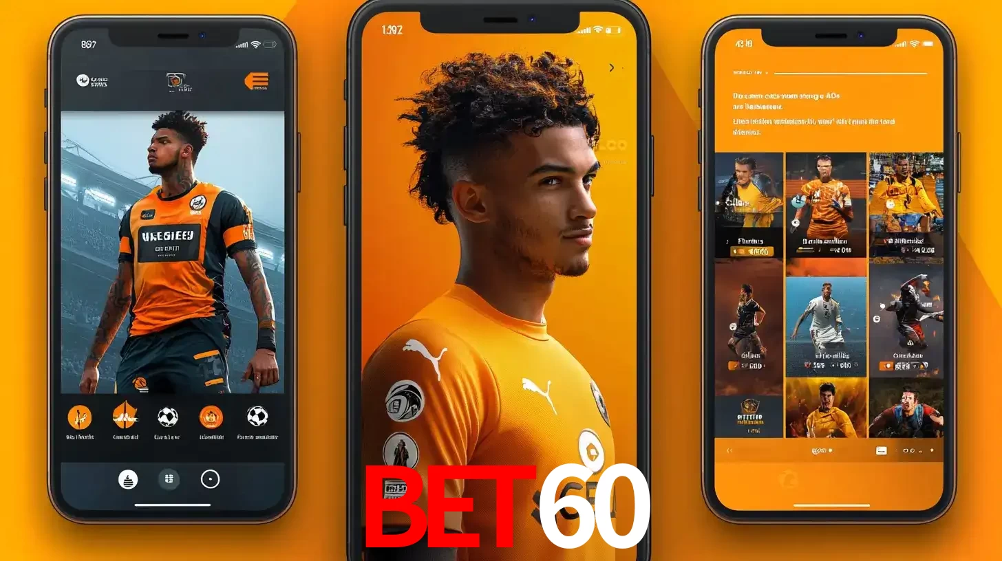 Interface do aplicativo de apostas esportivas BET60 em três telas de celular, mostrando o perfil de um jogador de futebol e a lista de jogos disponíveis para apostar.