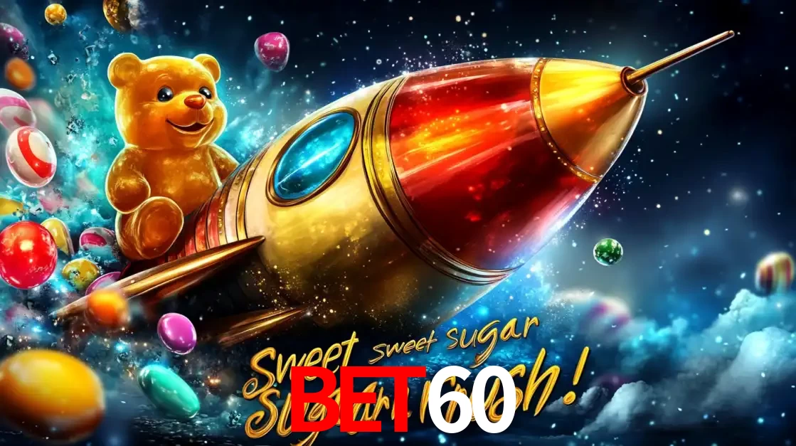 Arte promocional do jogo de slot Sugar Rush, com um urso de pelúcia em um foguete viajando pelo espaço de doces, um dos jogos divertidos disponíveis no cassino BET60.