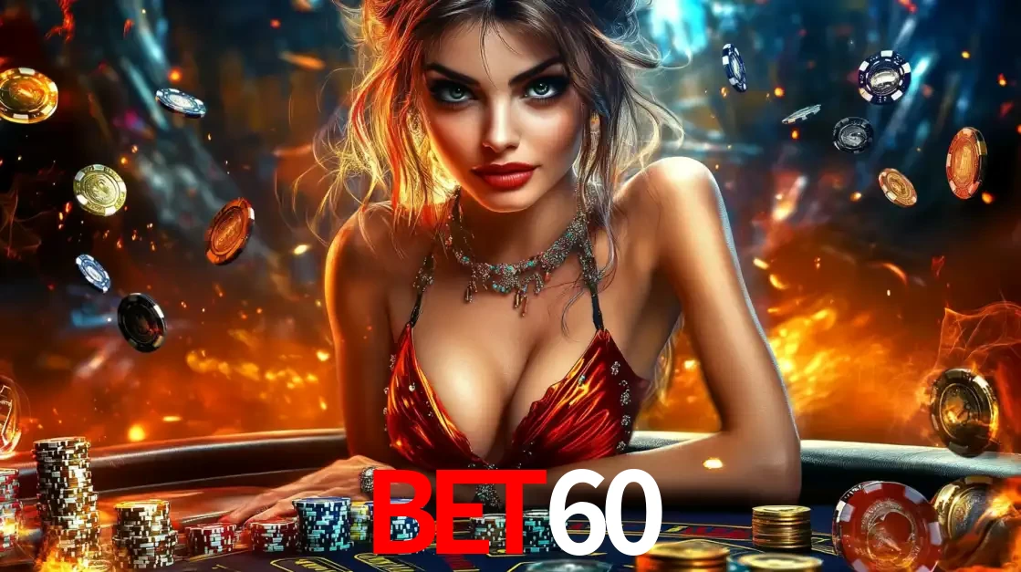 Mulher em uma mesa de cassino com pilhas de fichas e um fundo de fogo, pronta para uma rodada de altas apostas nos jogos de mesa emocionantes do cassino BET60.