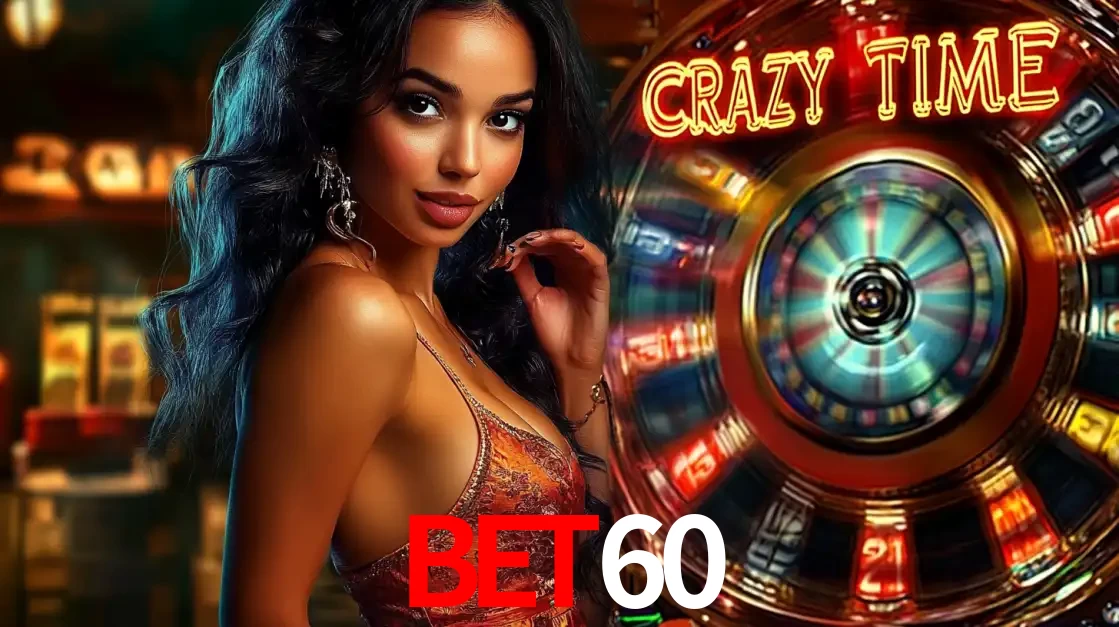 Mulher elegante ao lado da vibrante roda da fortuna do jogo de cassino ao vivo Crazy Time, um dos game shows mais populares e cheios de prêmios do BET60.