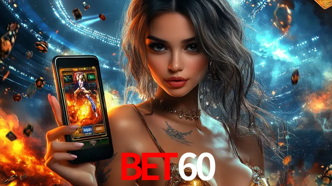 Mulher segurando um celular com um jogo de slot em destaque, tendo como fundo um estádio vibrante, simbolizando a emoção de jogar no cassino móvel BET60.