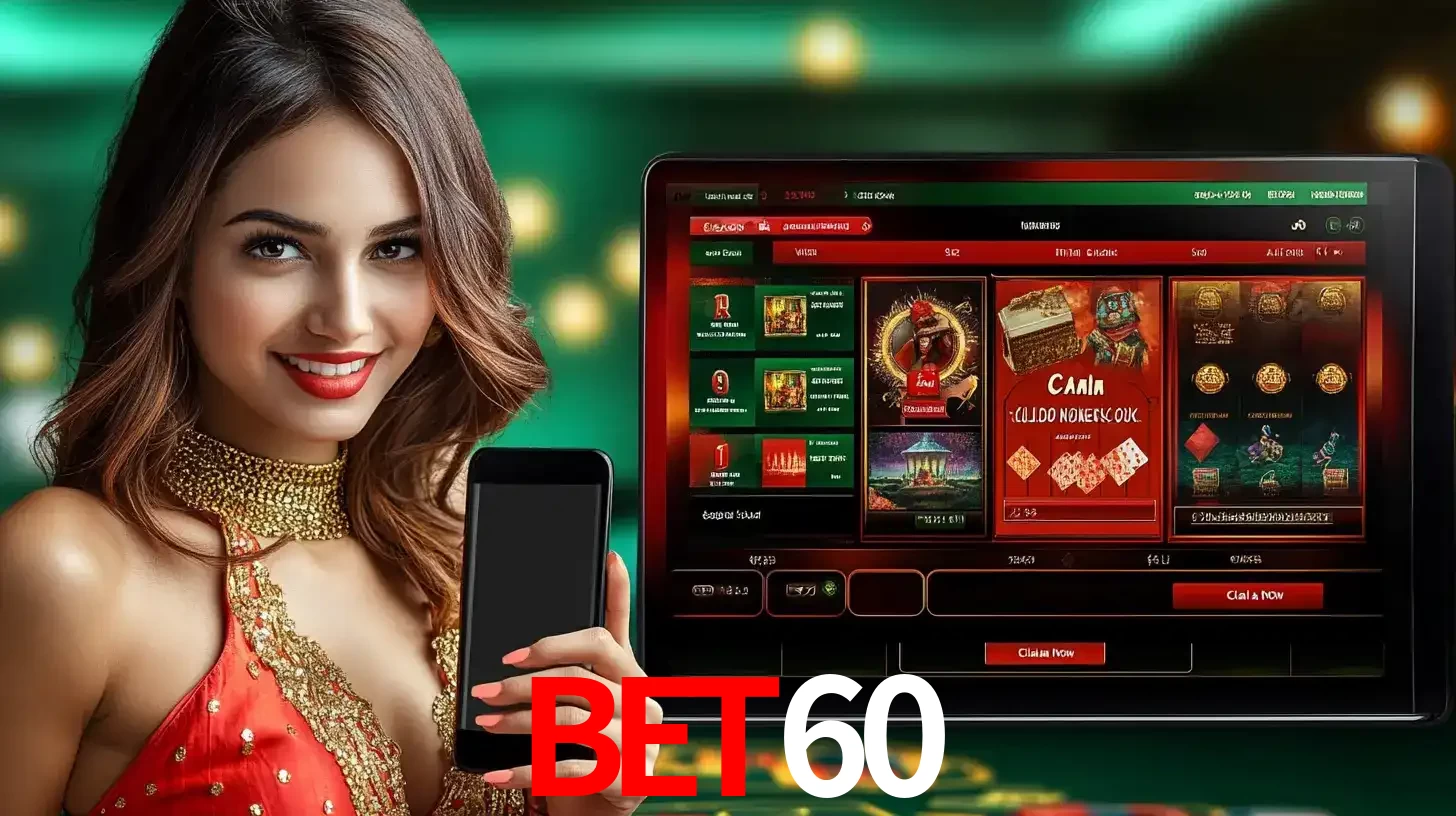Mulher sorridente segurando um smartphone, ao lado de uma tela exibindo o lobby de jogos do cassino online BET60, com várias opções de jogos de cartas e slots.